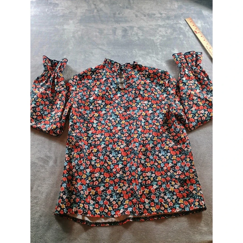 SHEIN Womens Floral Mock Neck Blouse Multicolor Small Smocked Cuffs